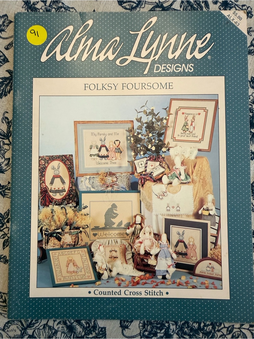VTG 1988 Alma Lynne FOLKSY FOURSOME Cross‎ Stitch Booklet Long Ear Bunnies Farm